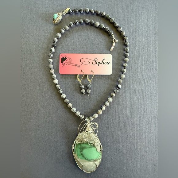 NEW Picasso Stone Variscite Pendant Semiprecious Gemstone Earring Necklace Set - Picture 1 of 7